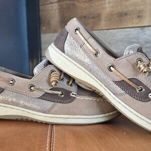 Sperry Top-Sider Women’s Leather Boat Shoes Taupe Metallic Detail Like New 6.5